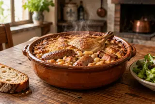 Cassole en terre cuite remplie de cassoulet toulousain aux haricots blancs, saucisse, confit de canard et porc, posée sur une table rustique.