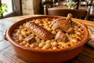 Cassoulet traditionnel servi dans une cassole en terre cuite, avec haricots blancs, saucisse de Toulouse, confit de canard et croûte dorée.